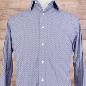 Ben Sherman Shirt Mens 16.5 Blue Geometric Stretch Tailored Slim Fit Long Sleeve